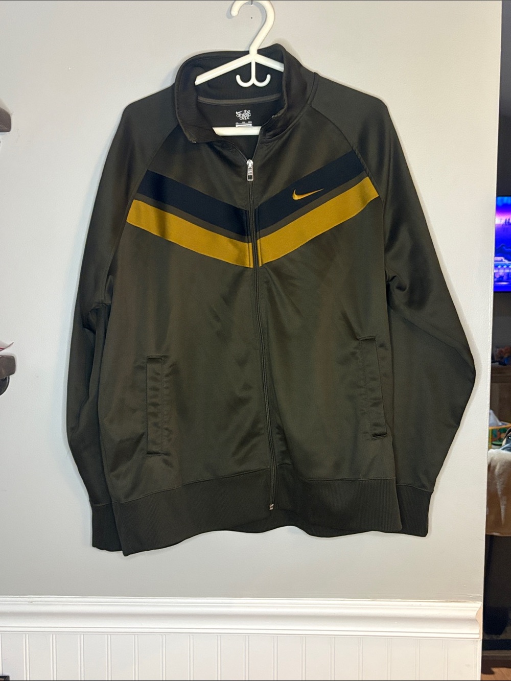 Vintage Nike Men’s Olive Green Performance Track Jacket with Gold and Black